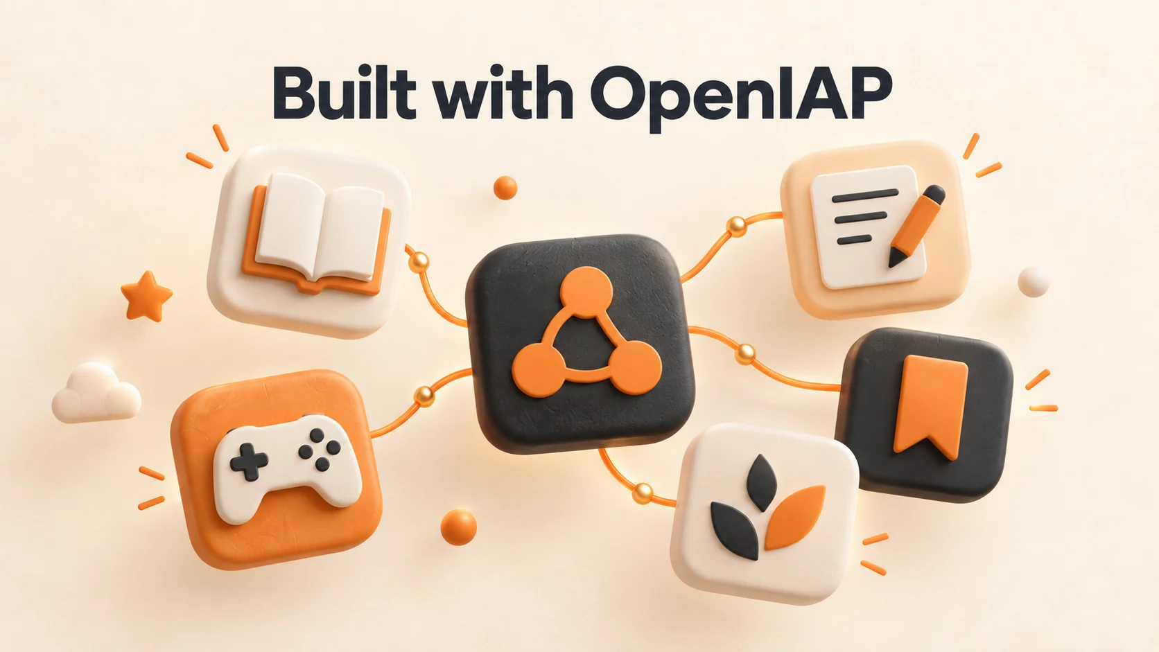 Built with OpenIAP: reading, notes, games, and bookmark app tiles connected by a shared foundation