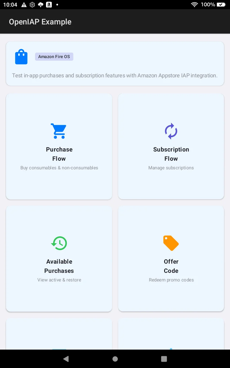 OpenIAP example app home screen